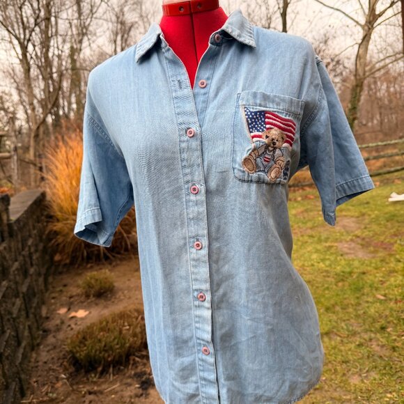 Vintage Northern Reflections Denim Teddy Flag Button Shirt - Picture 7 of 8